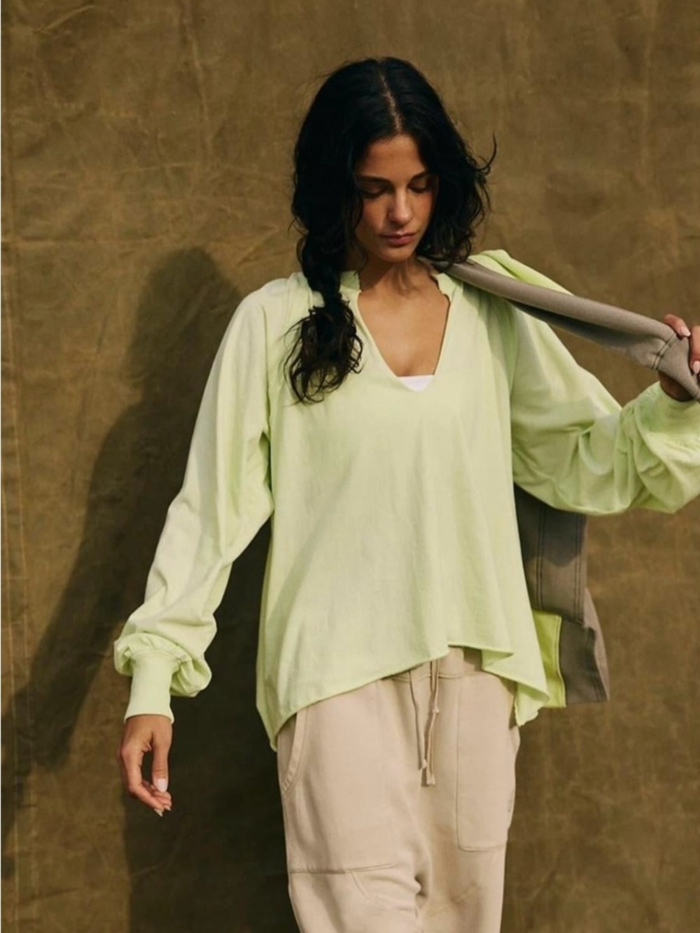 Free People Movement Lime Green Long Sleeve Deep V Cutout Oversized Top L